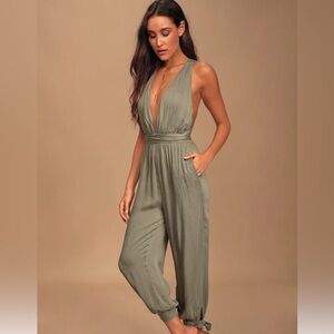 Lulu”s Lolinda Washed Olive Green Convertible Halter Jumpsuit Size Medium NWT